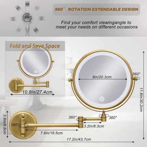 Wall Mounted Lighted 8 Inches Rechargeable Double-Sided 1X/10X Magnifying Mirror for Makeup, 3 Colors Led, Touch Dimmable, Memory Function, 360 Rotation, Foldable, Brushed Antique Brass