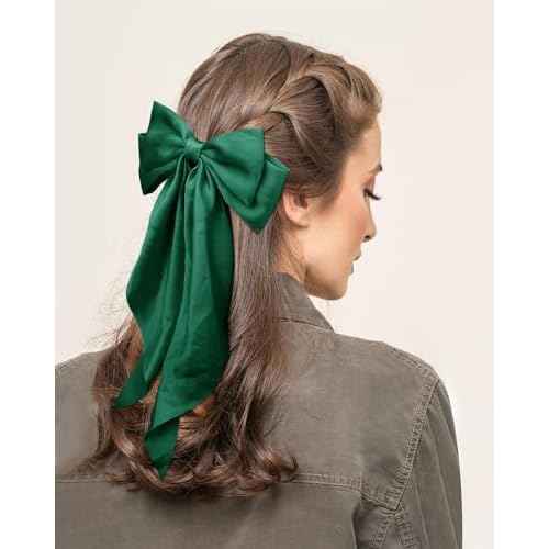 Dark Green Satin Long Tail Large Hair Bows for Women - 2Pcs Wedding Prom Gift Ribbons, Clips and Accessories