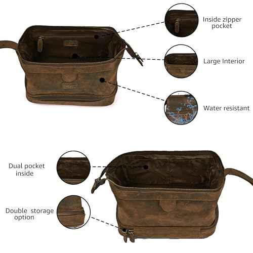 LEATHER VILLAGE Genuine Leather Dopp Kit ? Large Travel Toiletry Bag with Waterproof Lining, Dual-Zip Design for Men & Women, Organizer for Shaving, Makeup & Essentials - Brown