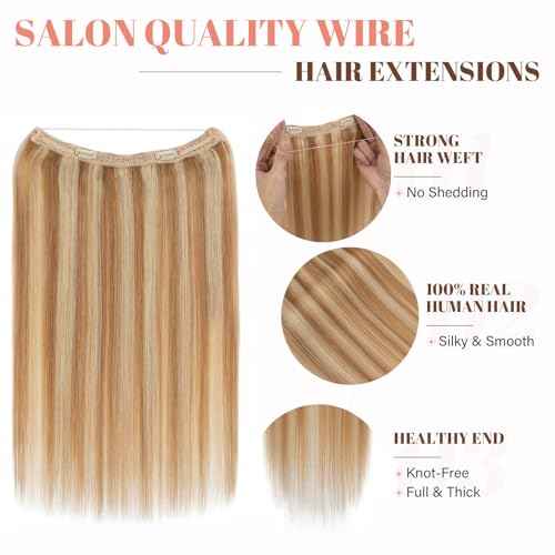 Rich Choices Halo Hair Extensions Real Human Hair Remy Hairs Halo Extension for Women Invisible Wire One Piece Clip in Hairpiece 16 Inch Straight-#12P613 Golden Brown Highlight Bleach Blonde