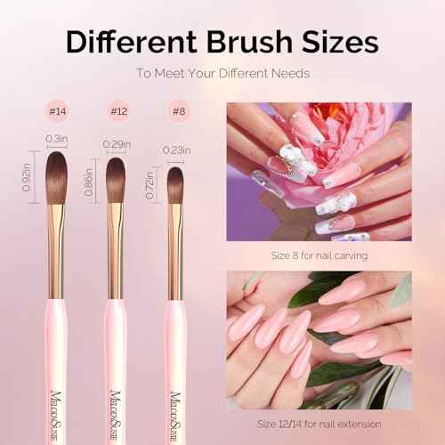 MelodySusie 3Pcs Acrylic Nail Brush Set, Size 8/12/14 for Extension and 3D Carving,DIY Home Salon Manicure Tool, Pink