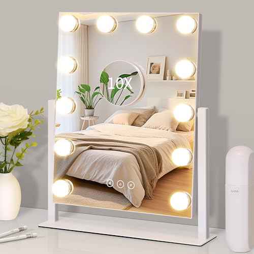 Vanity Mirror with Lights,Lighted Vanity Mirror with 12 Dimmable Bulbs for Dressing Room & Bedroom,3 Color Lighting,Modes Detachable 10x Magnification 360¡ÆRatation (White) 14.6" L x 17" W