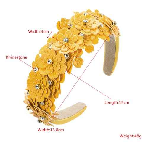 Crystal Rhinestone Headbands for Women, Jeweled Headband Wide Flower Floral Embellished Headbands Party Festival Hair Hoop Accessories Headwear Jewelry Gifts,15 (Yellow)