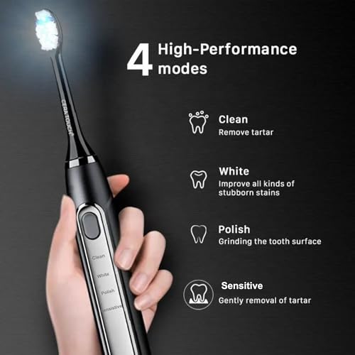 CERA TOUCH 6 Blue LED Whitening Electric Toothbrush| Electric Toothbrush for Adults | 4 Modes With Smart Timer Plaque Removal & Memory Function | 2Heads | IPX7 Waterproof |Travel Case |WirelessCharger