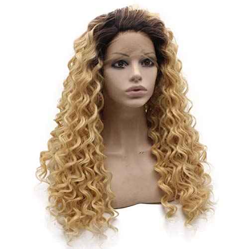 MX angel Long Dark Roots Blonde Curly Lace Front Synthetic Wig Heat Resistant Fiber Hair Natural Wig
