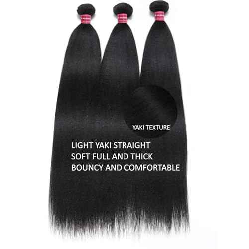 KLAIYI Yaki Straight Bundles Human Hair Weaves Unprocessed Real Virgin Hair Sew In Extensions One Bundle Of 16Inch, 12A Kinky Straight Double Wefts for Women Cllip In Light Yaki Natural Black Color