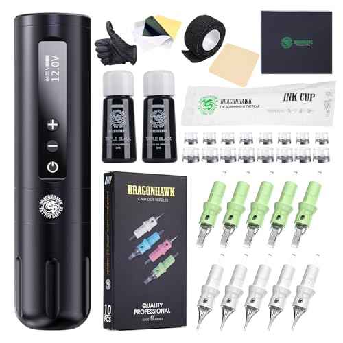 Dragonhawk Pro Wireless Tattoo Gun Kit L2 Tattoo Machine Pen 5000mAh Battery Power Supply Beginner Complete Tattoo Kit Needles Cartridges Black Inks