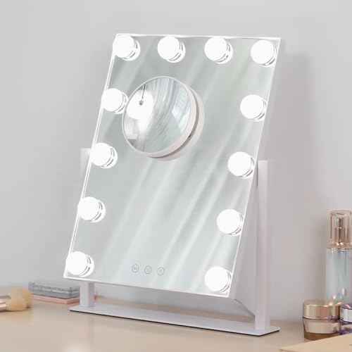 HIEEY Hollywood Makeup Mirror with 12 Dimmable Bulbs Lights, Three Color Lighting Modes, with 4in 20X Magnification Mirror, Smart Touch Control, 360¡ÆRotation (White,Gift Box)