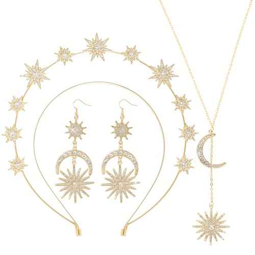 Halo Crown Moon Stars Goddess Crown Halo Headband Tiaras and Crowns Star and Moon Necklaces Earrings Headpiece for Women Boho Bridal Wedding (Gold)