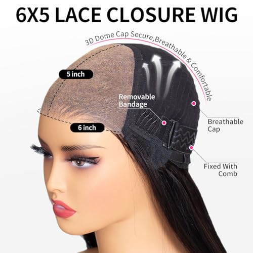RECOOL Bob Wig Human Hair 5x6 Lace Front Straight Short Wigs for Women Glueless Brazilian Virgin Human Hair Bleached Knots Wear And Go Pre Plucked with Baby Hair for Black Women Natural Black 10inch