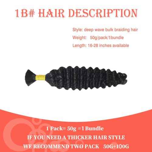 Human Hair Braiding Hair 50g 26 Inch Deep Wave Bulk Human Hair for Braiding No Weft Bundle 100% Brazilian Virgin Curly Human Hair Extensions for Boho Braids Wet and Wavy Human Braiding Hair