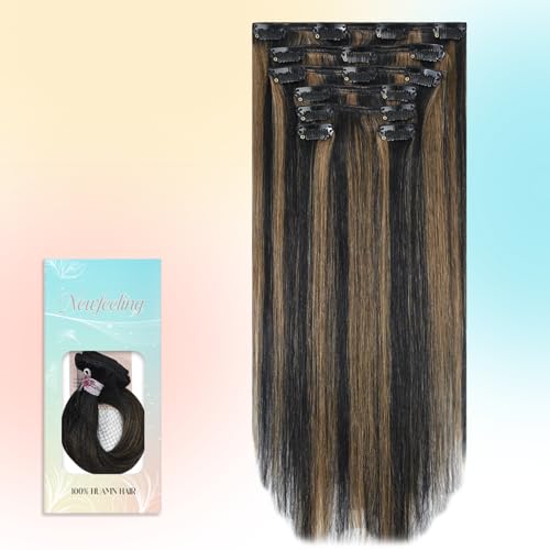Newfeeling Clip in Hair Extensions Real Human Hair 22 inch 75g Straight Remy 100% Human Clips ins Extension #1BP6 Remy Hair Extensions Clip ins for Women