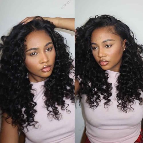 Deep Wave Crochet Human Hair Extensions Brazilian Virgin Feather Human Hair Bundles Pre Separated Braiding Hair Pre Looped for Boho Braids For Black Women Walnut Hair Natural Color 16inch 60g