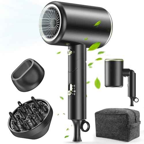 Hair Dryer, 150000RPM Ionic Blow Dryer - Fast Drying, Low Noise, Foldable Portable with Diffuser and Nozzle, Compact Mini for Women and Men, Home and Travel £¨Black£©