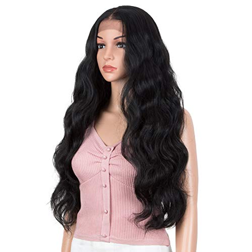 Joedir 28" Long Wavy 13X6 Free Parting Easy-360 Lace Frontal Wigs for Black Women Heat Resistant Synthetic Hair wigs(1B)