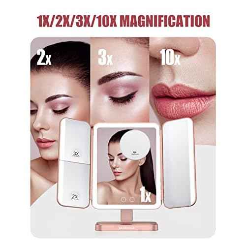 EASEHOLD Rechargable Makeup Mirror Vanity Mirror with Lights, 5000Mah & USB Cable, 112 LEDs Lighted Trifold Mirror with 1X 2X 3X 10X Magnification, Smart Touch, Portable Cosmetic Beauty Mirror