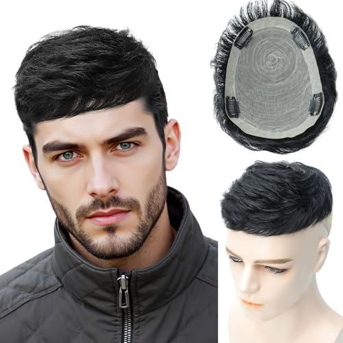 Toupee for Men Human Hair Men¡®s Black Wig Short Straight Fluffy Realistic Hair Wig Thin Skin Daily Party Costume Wigs for Male Guy (Black)