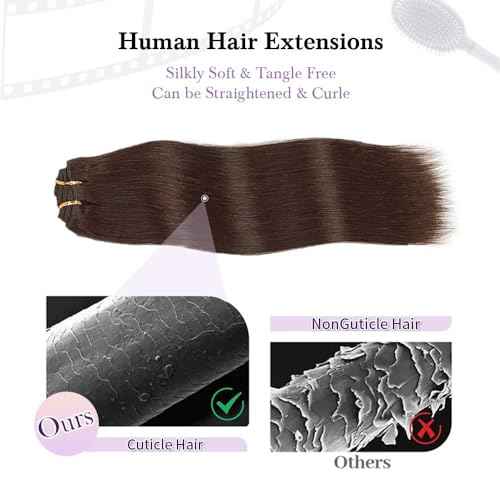 Remy Hair Extensions clip ins Hair Etensions for Women ailiceehr Dark Brown Double Weft Natural Hair Extensions Straight 8Pcs Soft and Thick 14inch 75g.