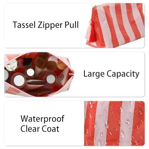 DYSHAYEN Makeup Bags for Purse,Small Clear Coated Cosmetic Bags for Women Girls, Waterproof Travel Organizer Zipper Pouch Beach Vacation Essentials (Pink-Orange)