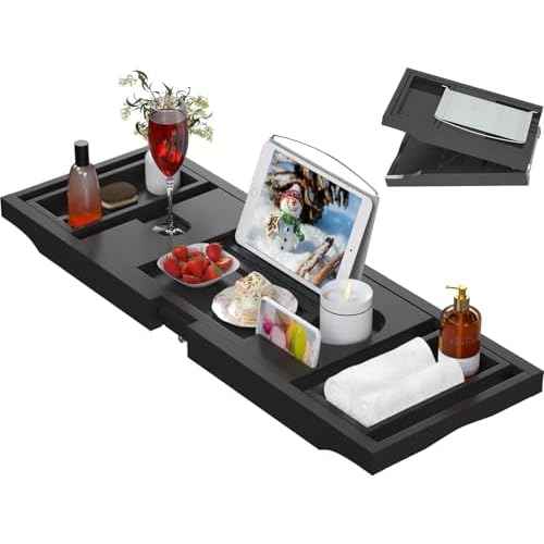 Artmalle Bathtub Caddy Tray - Expandable and Foldable Bath Tray for Tub, Luxury Bamboo Bath Caddy Tub Table, Bathtub Accessories with Book Holder and Free Soap Dish, Black