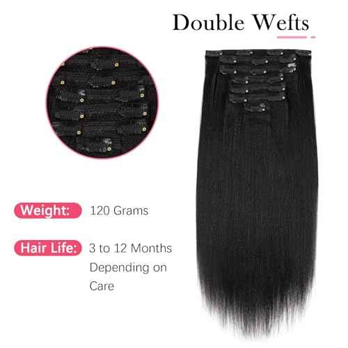 Sassina Italian Light Yaki Straight Clip in Human Hair Extensions Real Remy Double Wefts Clip in Hair Extensions for Black Women 120 Grams 7 Pieces With 17 Clips YS 12 Inch
