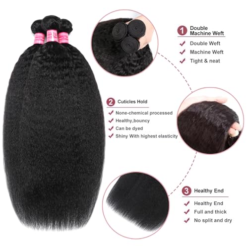 Kinky Straight Hair Bundles Yaki Straight 3 Bundles Human Hair 16 18 20 Inch 12A 100% Unprocessed Brazilian Kinkycurly Bundles Human Hair Weave Bundles Human Hair Extensions Natural Black