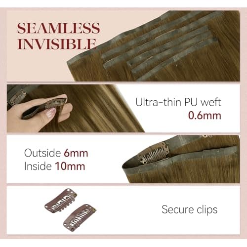 LOVELINE Seamless Clip in Hair Extensions Real Human Hair, Luxury Remy Human Hair Extensions Clip ins for Women, 16 Inch 110g 7Pcs, Balayage Chocolate Brown to Caramel Blonde