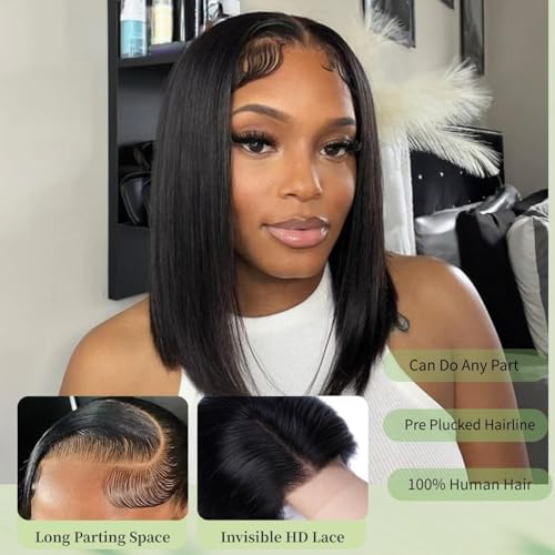 Glueless Bob Wig Human Hair 13x4 HD Transparent Lace Front Wigs Short Bob Wig Glueless Wigs Human Hair Pre Plucked Bleached Knots Straight Lace Front Wigs For Black Women£¨16 Inch£©