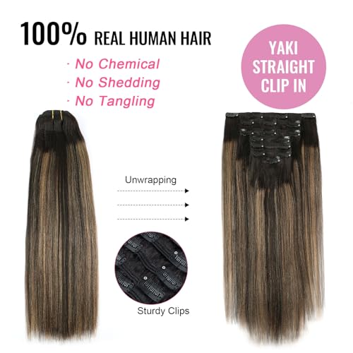 ABH AMAZINGBEAUTY HAIR Light Yaki Clip in Extensions Rooted Black Piano Natural Black Fading into Caramel Blonde Two Tone Yaki Straight Clip ins for Black Women 18 Inch 120G