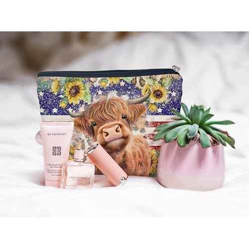 Ayxvt 4th of July Patriotic Highland Cow Makeup Bag - Independence Day Decor Zipper Bags, Summer Sunflower Floral Gifts
