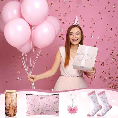 Boao 5 Pcs Pink Bow Gift Set with Glass Cup, Socks, Cosmetic Bag Keychain Coquette Stuff Thank You Gift Box for Girls Women