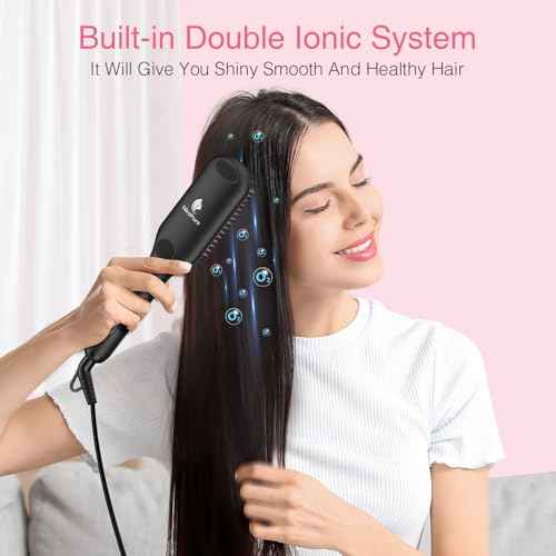 Enhanced Ceramic Hair Straightener Brush by MiroPure, 2-in-1 Ionic Straightening Brush with Anti-Scald Feature, Auto Temperature Lock & Auto-Off Function (Black)