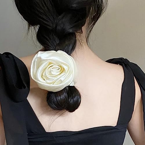 Guqqeuc Satin Rose Hair Scrunchie with Flower Hair Bow for Women Girls Silk Scrunchy Hair Elastics for Long Thick Hair