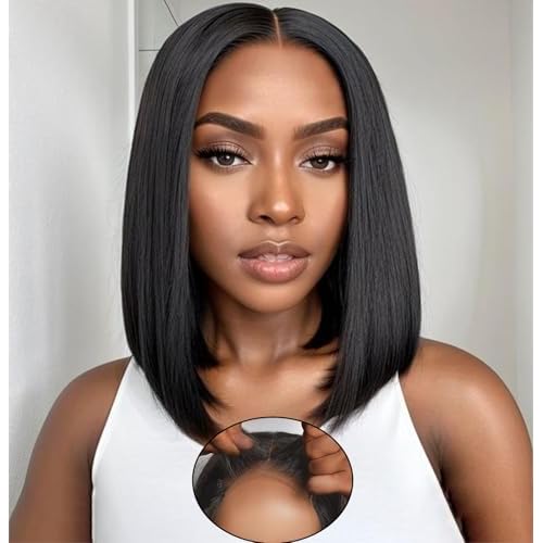 WEQUEEN Wear and Go Glueless Bob Wig Human Hair Pre Plucked Pre Cut 4x4 Skin-like Lace 250% Density Straight Short Bob Wig for Black Women 12 Inch