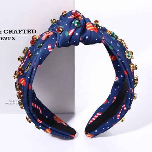 Christmas Headband for Women Christmas Gifts Candy Cane Snowman Knotted Headband Jeweled Crystal Embellished Wide Hairband Xmas Hairhoop Costume Accessories
