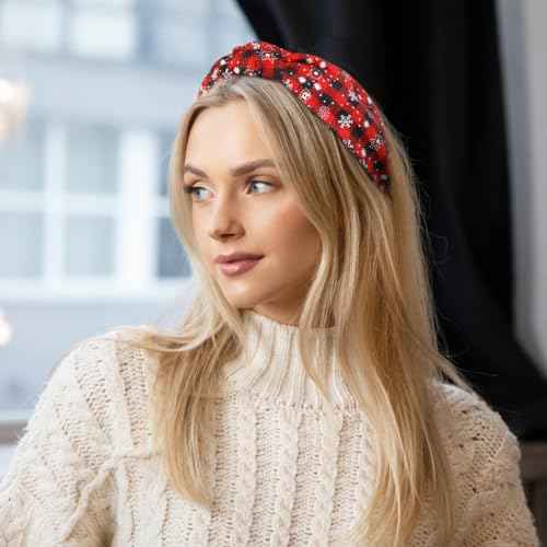 Christmas Headbands for Women Girls Plaid Headbands Holiday Knotted Head Bands with Snowflake Red Black Buffalo Plaid Hair Hoops Festive Top Knot Headband Christmas Gifts Hair Accessories for Women