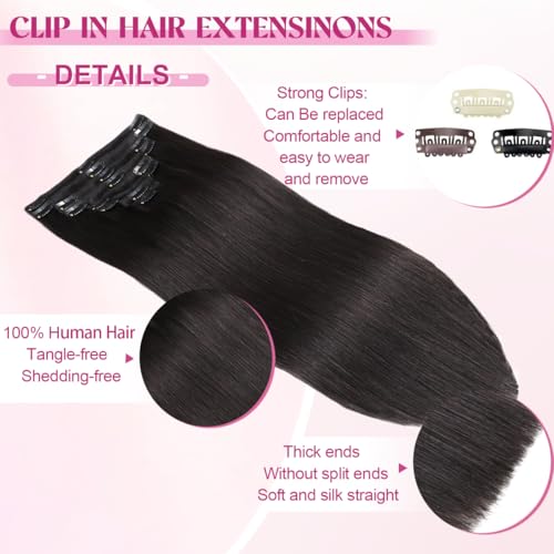 Clip in Hair Extensions Real Human Hair, Remy Human Hair Clip in Extensions for Black Women, Invisible Natural Straight Seamless Clip ins Hair Extensions 8pcs Double Weft #1B 24inch 120g