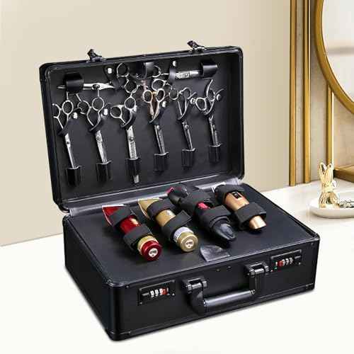 Portable Barber Case Traveling Hair Stylist Box for Clippers and Supplies Professional Barber Case with Code Lock Double Layer Travel Hair Stylist Tools Storage (Black)
