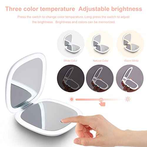 Mocado Compact LED Magnifying Travel Makeup-Mirror - 4 inches 1X/10X Magnification Small Hand Pocket Dimmable Double Sided USB Rechargeable Touch Screen, Portable Tabletop Cosmetic (White)