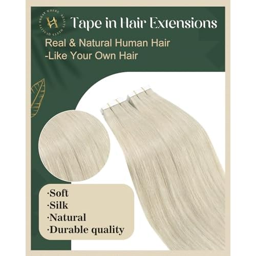 Ugeat Blonde Tape in Hair Extensions Platinum Blonde Tape in Human Hair Extensions Invisible Seamless Straight Long Real Natural Human Hair for Halloween 20Inch 20Pcs 50G
