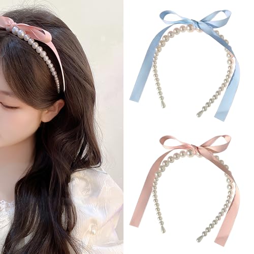AUOCATTAIL 2 Pcs Pearl Bows Streamer Headbands French Retro Temperament Gentle Pink Bow Ribbon Hair Hoop Hair Accessories Headdress for Women Girls
