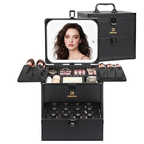 Relavel Makeup Bag with LED Mirror, Dual Layer Cosmetic Train Case with Light up Mirror Large Travel Makeup Artist Organizer Bag for Women with Adjustable Dividers & Nail Polish Organizer, Black
