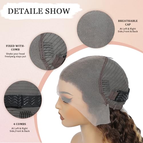 20 Inch Highlight Ombre Deep Wave Lace Front Wigs Human Hair Wig 13x6 Honey Blonde Wig Human Hair HD Glueless Deep Wave Wig 4/27 Colored Wet and Wavy Curly Wig Pre Plucked for Women