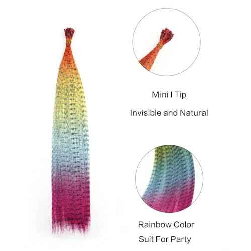 Gradient color feather hair extensions, rainbow colorful feather hair extensions, long straight hair accessories suitable for girls (YMF-JB-50pcs,16inches)