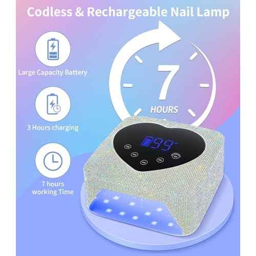 Cordless UV Nail Lamp for Gel Nails 72W, Rechargeable Diamond LED Nail Dryer with 5 Timer Setting, Touch Control & Auto Sensor, Fast Nail Light Curing Lamp for Salon & Home