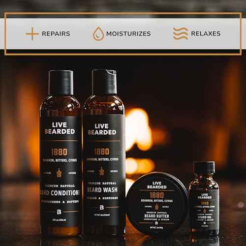 Live Bearded Complete Beard Grooming Kit - Wash, Conditioner, Butter and Oil - Made in the USA with All-Natural Ingredients - Mens Groom Set | 1880 Scent - Bourbon, Bitters, Citrus