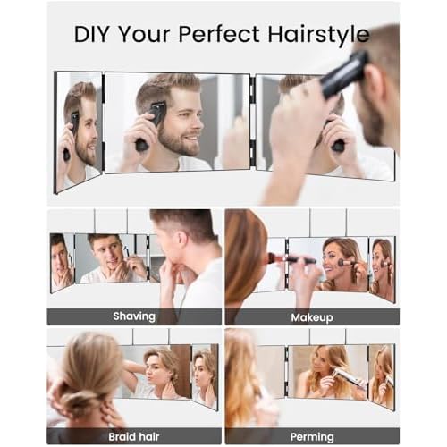 3 Way Mirror-360 Mirror for Self Hair Cutting, Adjustable & Foldable Trifold Barber Mirror with Telescoping Hooks, Barber Accessories for Men Shaving DIY Haircut Women Dyeing Makeup(Black Without LED)