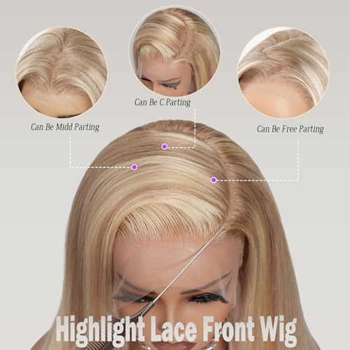 Ash Blonde Wig Human Hair with Chestnut Brown Deep Part 13x6 HD Balayage Lace Front Wigs for White Women Highlights Glueless Wigs Pre Plucked Human Hair Bleached Knots 180%Density Ombre Ash Brown Wig