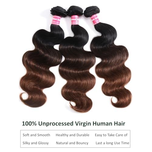 KLAIYI Ombre Brown Body Wave Bundles Human Hair Extensions with Dark Roots 100% Unprocessed Brazilian Real Virgin Hair Weaves Chestnut Brown Double Wefts 12A Wavy One Bundle 20Inch Sew in Piano Color