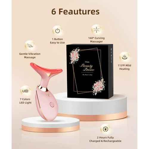 7 Color Face and Neck Massager Light Therapy, Red Light Based Facial Massager for Skin Care, Firming, Smoothing (Rose Golden)